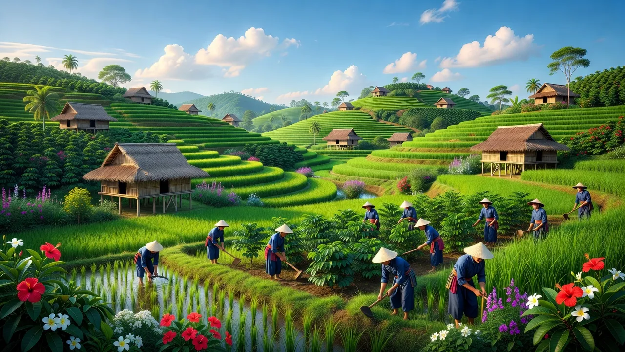 Cảnh quan xã Ia Kreng, huyện Chư Păh, tỉnh Gia Lai với cánh đồng xanh và nhà truyền thống.