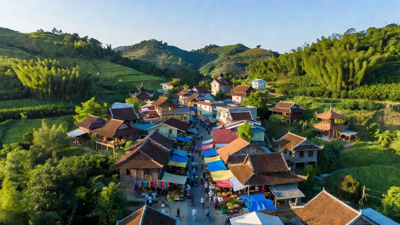 Thị trấn Ia Ly, huyện Chư Păh, tỉnh Gia Lai với kiến trúc truyền thống và cảnh quan xanh tươi.