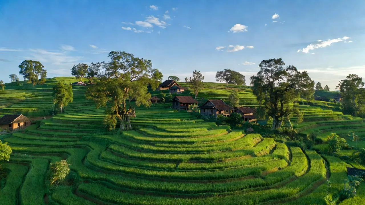 Cảnh đẹp xã Ia Mơ Nông, huyện Chư Păh, tỉnh Gia Lai với ruộng bậc thang và nhà sàn người Jrai.