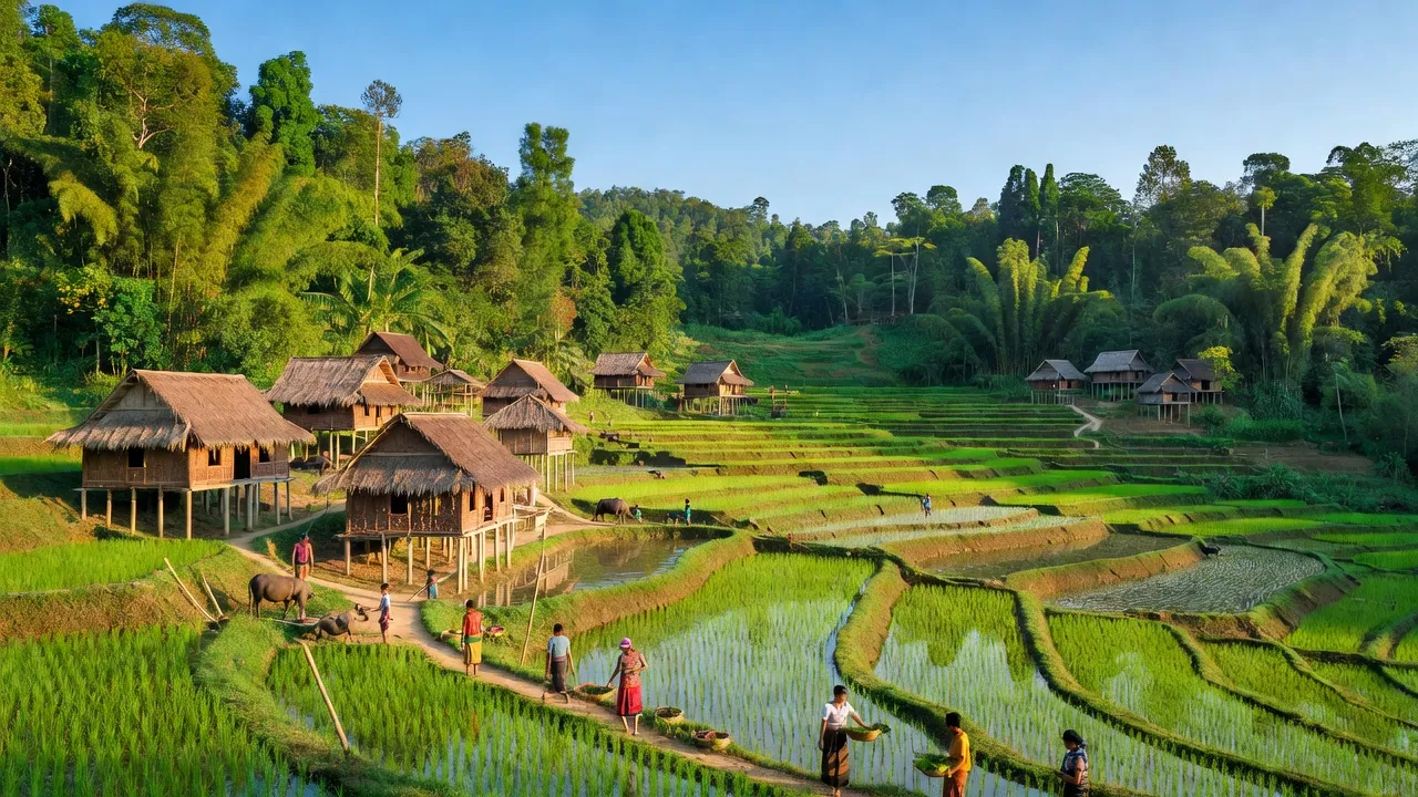 Khung cảnh Xã Ia Mơ Nông, Huyện Chư Păh, Tỉnh Gia Lai với nhà Jrai và cánh đồng xanh.