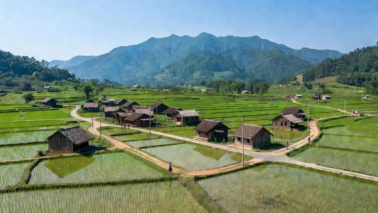 Cảnh đẹp xã Ia Nhin, huyện Chư Păh, tỉnh Gia Lai với đồng ruộng xanh tươi và nhà truyền thống.