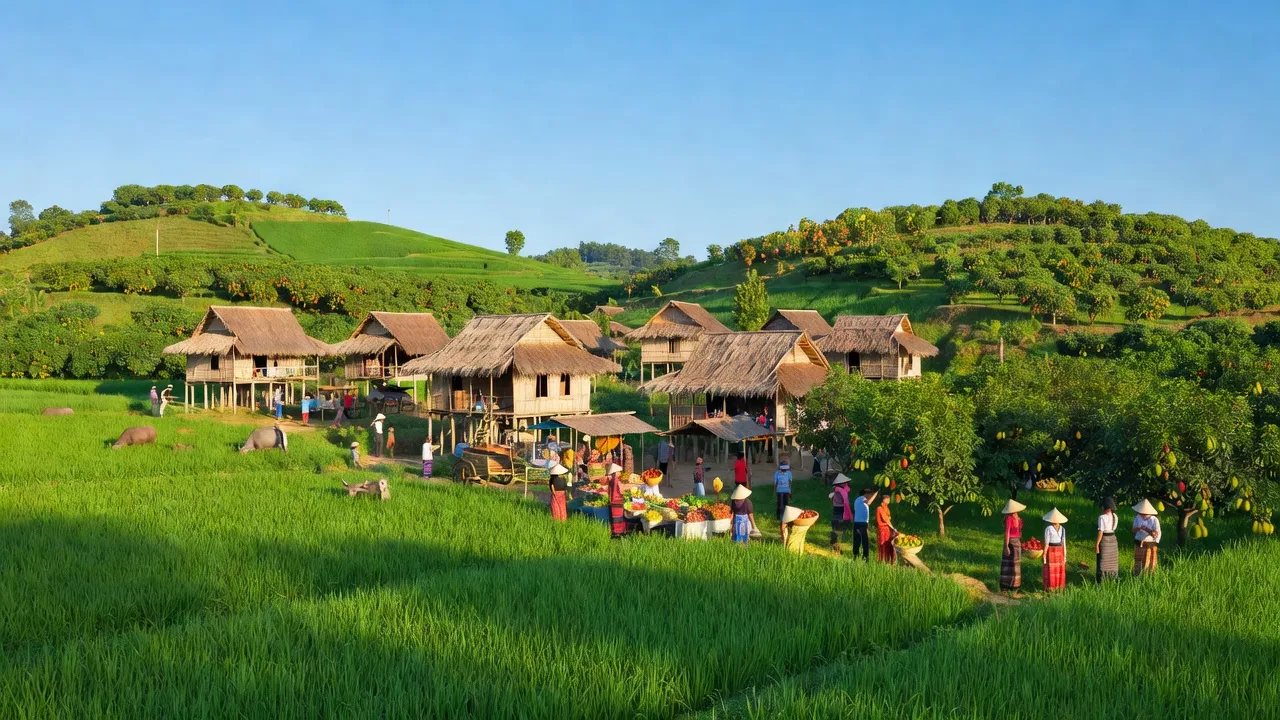 Cảnh quan xã Ia Phí, huyện Chư Păh, tỉnh Gia Lai với ruộng xanh và nhà truyền thống.