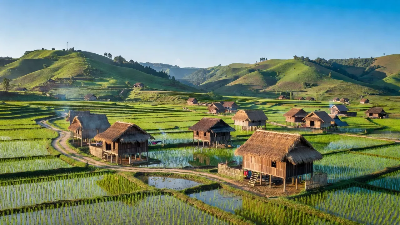 Khung cảnh xã Ia Phí, huyện Chư Păh, Gia Lai với thôn làng và cánh đồng xanh biếc.