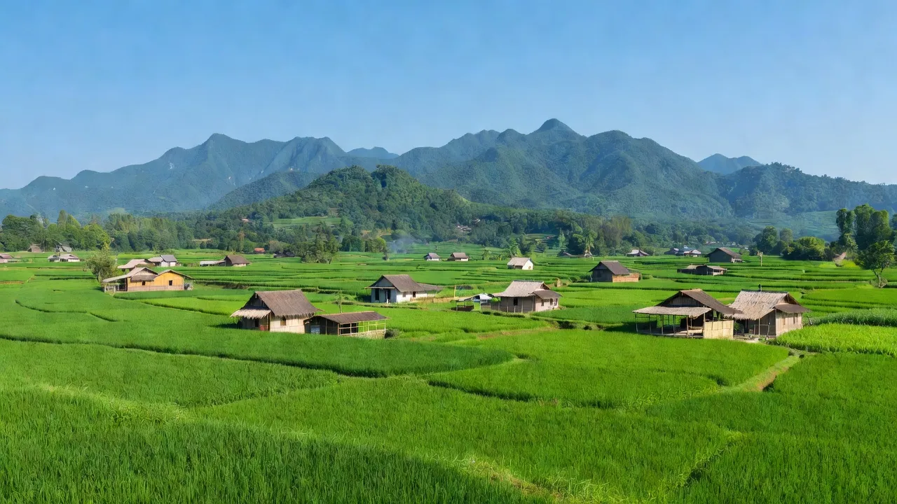 Khung cảnh xã Nghĩa Hòa, huyện Chư Păh, tỉnh Gia Lai với cánh đồng xanh tươi và nhà truyền thống.