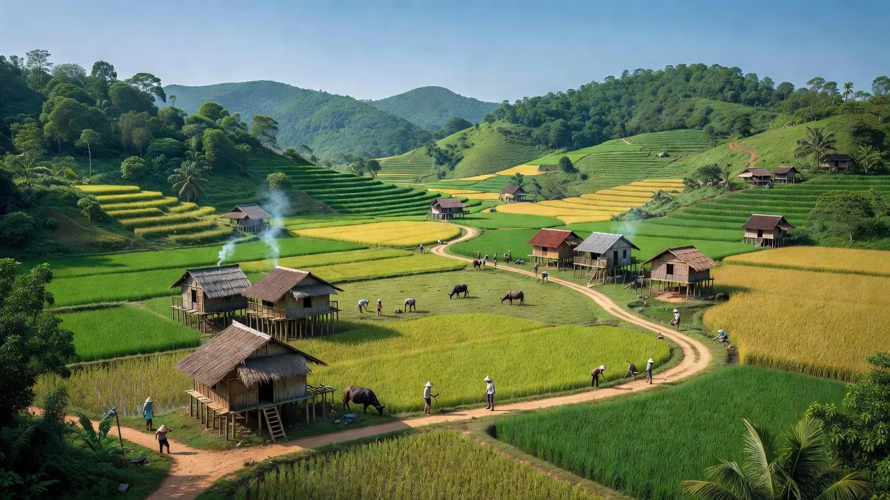 Khung cảnh yên bình ở xã Nghĩa Hưng, huyện Chư Păh, tỉnh Gia Lai, với thiên nhiên tươi đẹp.
