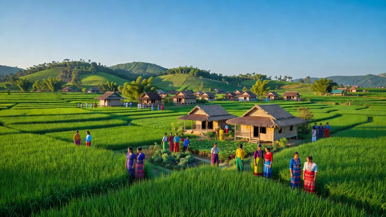 Chư Prông huyện Gia Lai, cảnh thiên nhiên đẹp với cánh đồng xanh và nhà truyền thống.