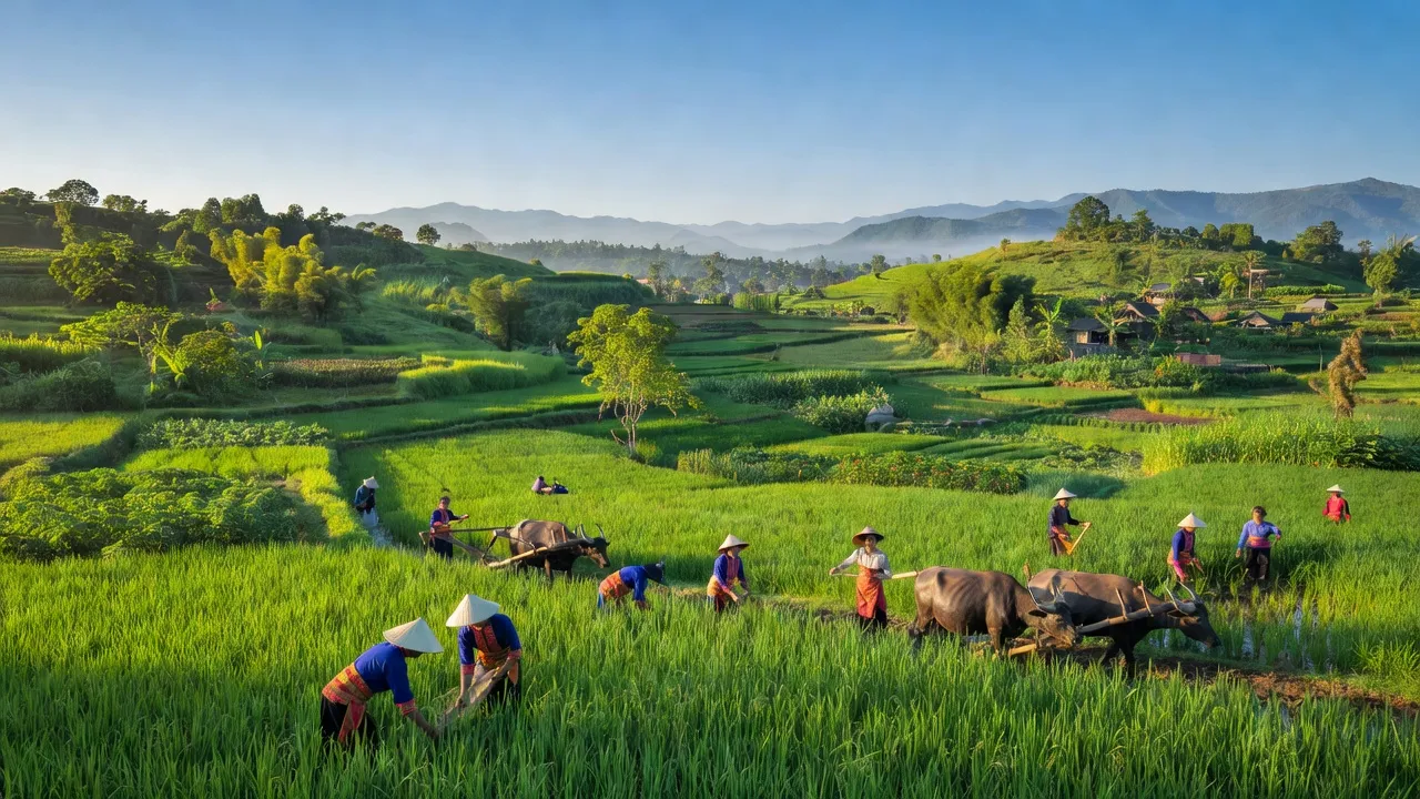 Khung cảnh huyện Chư Prông, Gia Lai với cánh đồng xanh tươi và các cộng đồng dân tộc.