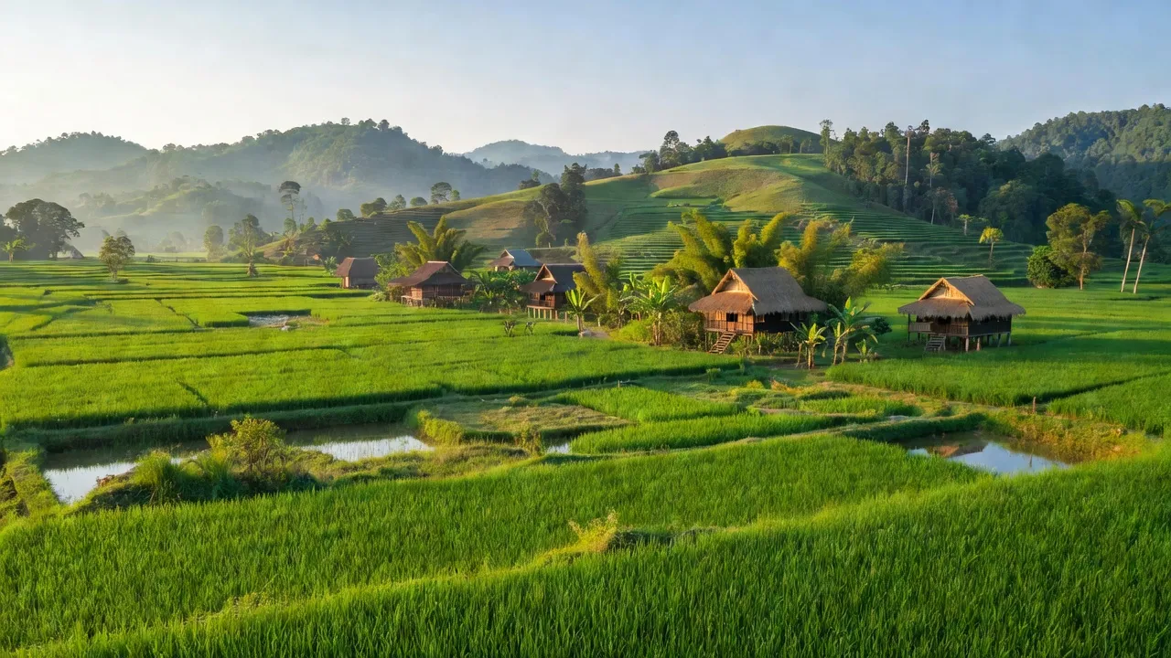 Cảnh đẹp xã Bàu Cạn, huyện Chư Prông, tỉnh Gia Lai với cánh đồng xanh tươi và núi non hùng vĩ.