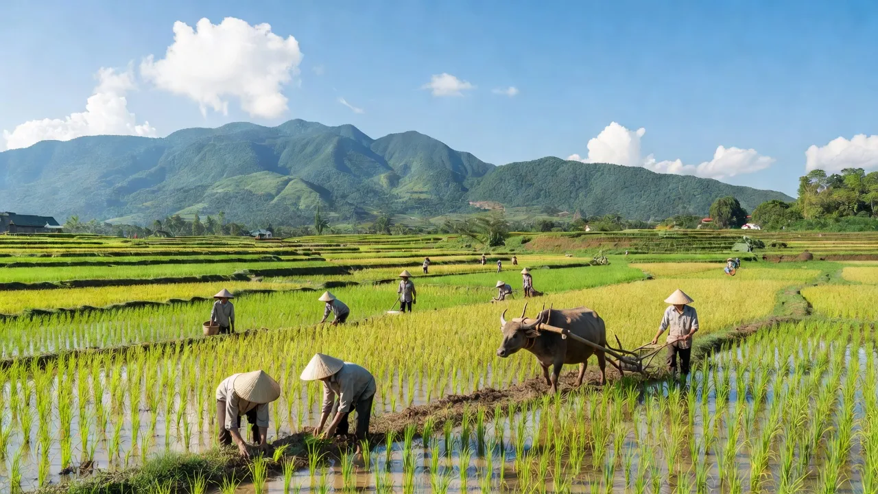 Bình Giáo, Chư Prông, Gia Lai: cảnh đồng ruộng xanh mướt, nông dân làm việc, núi non tuyệt đẹp.
