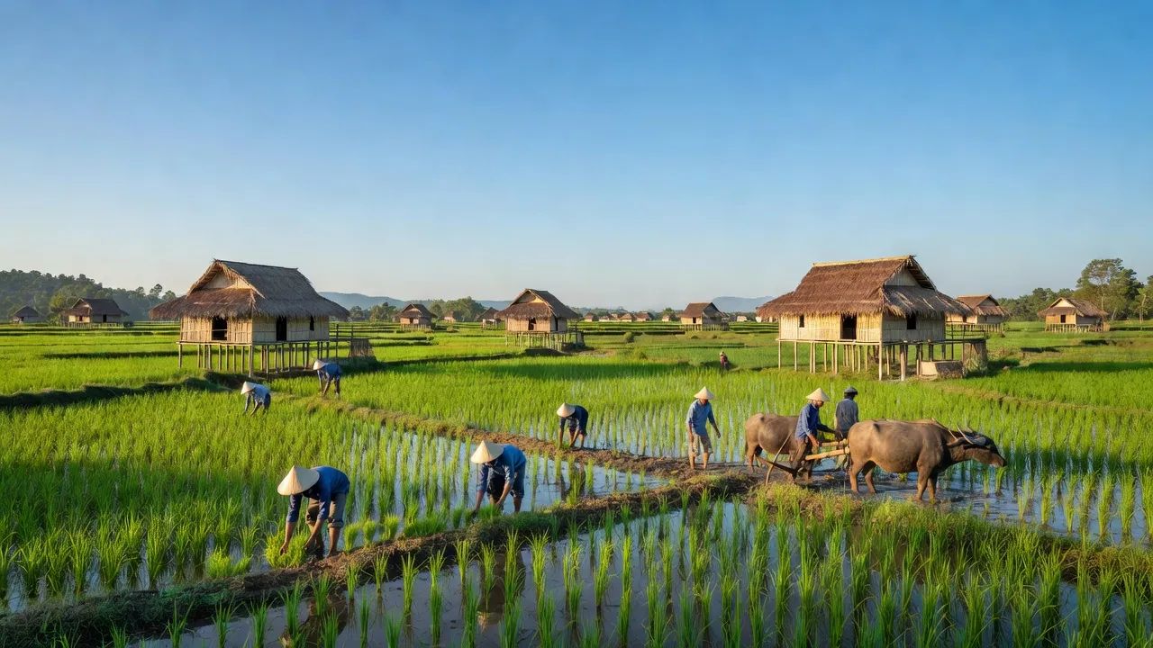 Cảnh làng Bình Giáo ở huyện Chư Prông, Gia Lai với ruộng bậc thang và cuộc sống nông thôn.