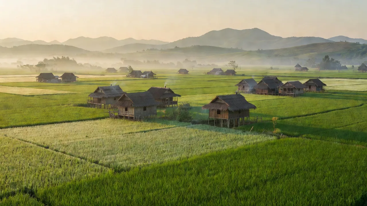 Cảnh quan bình yên xã Ia Băng, huyện Chư Prông, tỉnh Gia Lai với cánh đồng xanh và núi.