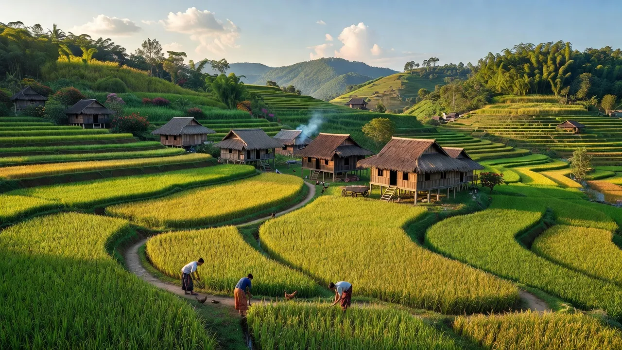 Cảnh quan đẹp của xã Ia Boòng, huyện Chư Prông, tỉnh Gia Lai với cánh đồng lúa xanh tươi và nhà gỗ.