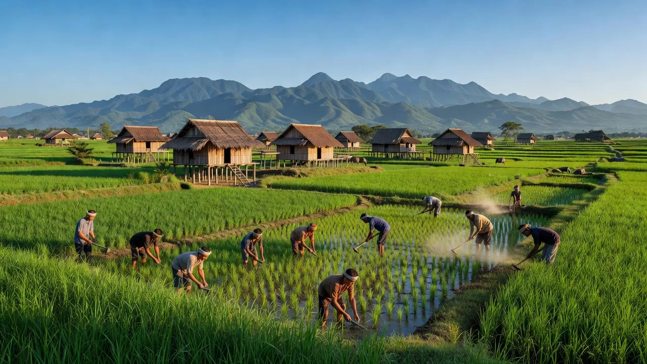Khung cảnh nông thôn xã Ia Boòng, huyện Chư Prông, tỉnh Gia Lai với cánh đồng xanh.