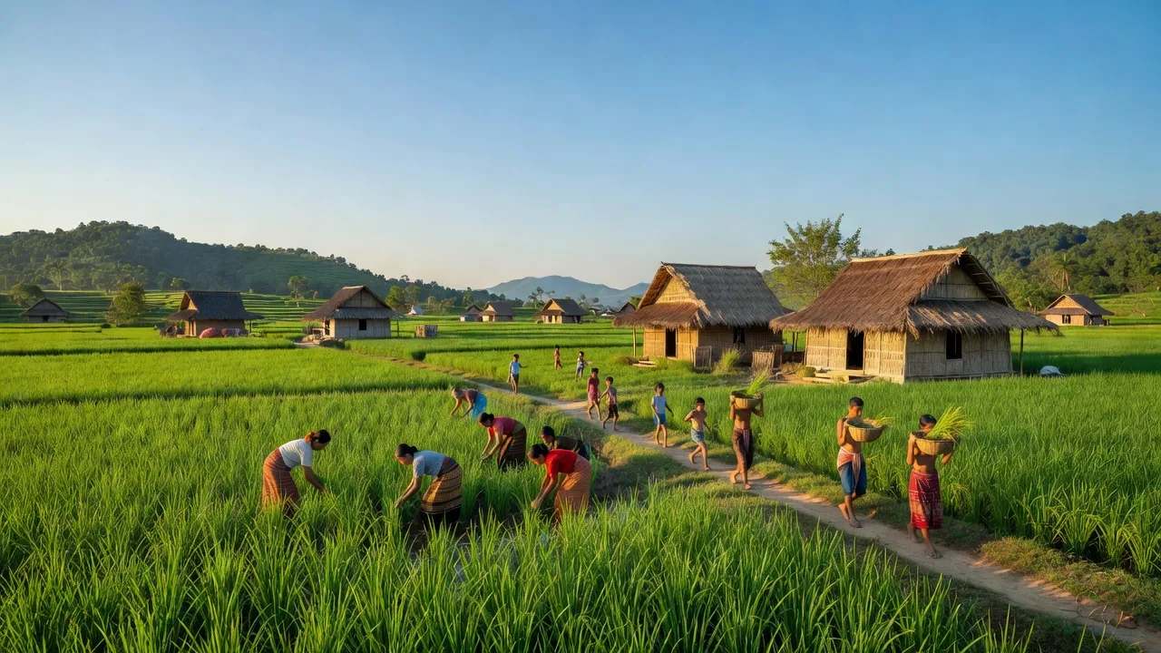 Cảnh đồng quê ở xã Ia Drăng, huyện Chư Prông, tỉnh Gia Lai với các ngôi nhà và cây cối xanh tươi.