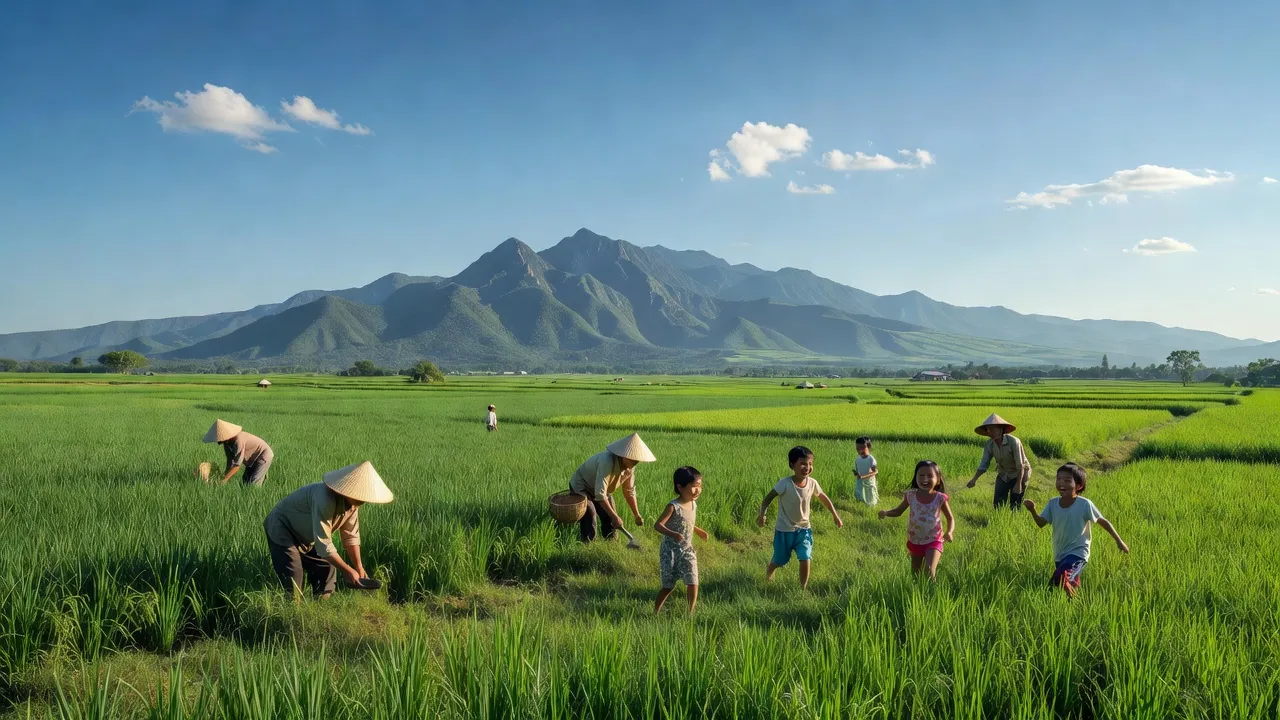 Cảnh đẹp xã Ia Ga, huyện Chư Prông, tỉnh Gia Lai với cánh đồng xanh và núi non hùng vĩ.