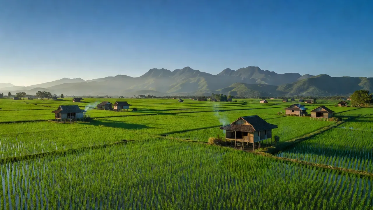 Khung cảnh yên bình ở Xã Ia Kly, Huyện Chư Prông, Tỉnh Gia Lai với cánh đồng xanh và nhà truyền thống.