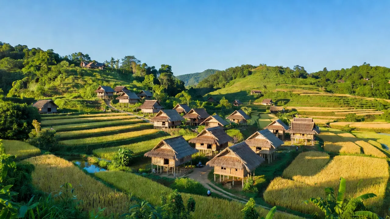 Khung cảnh xã Ia Lâu, huyện Chư Prông, tỉnh Gia Lai với đồi núi xanh và nhà truyền thống Jrai.