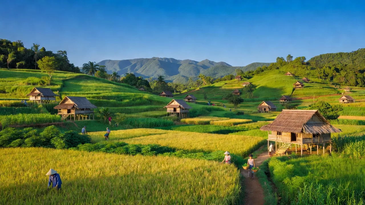 Khung cảnh xanh tươi ở xã Ia Lâu, huyện Chư Prông, tỉnh Gia Lai với nhà truyền thống người Jrai.