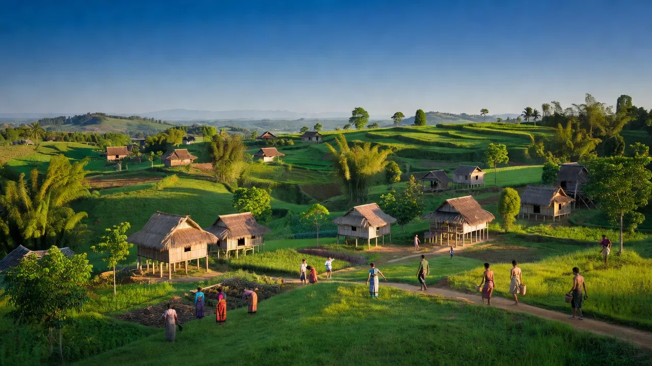 Khung cảnh thiên nhiên tươi đẹp ở xã Ia Mơ, huyện Chư Prông, tỉnh Gia Lai với núi và nhà truyền thống.