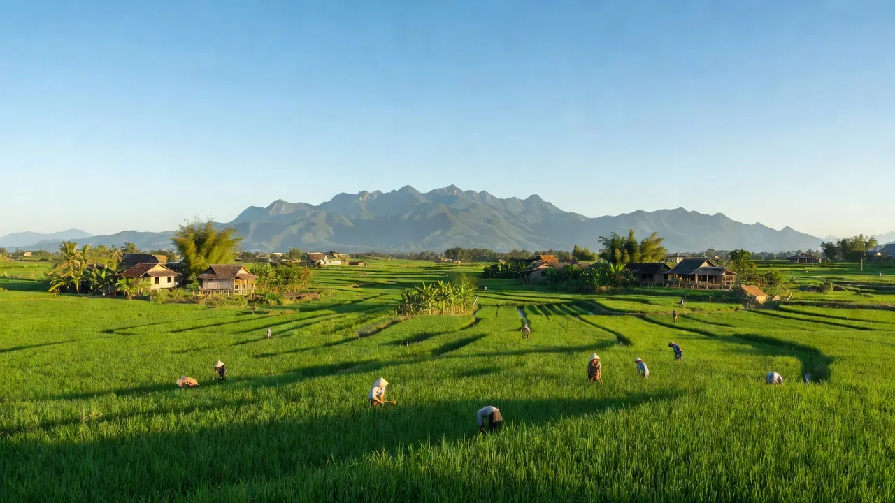 Cảnh đẹp xã Ia Phìn, huyện Chư Prông, tỉnh Gia Lai với cánh đồng xanh và núi non hùng vĩ.