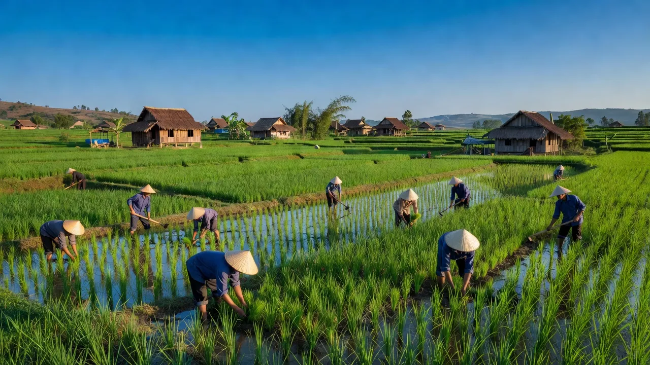 Cảnh quan xã Ia Pia, huyện Chư Prông, tỉnh Gia Lai với ruộng lúa xanh