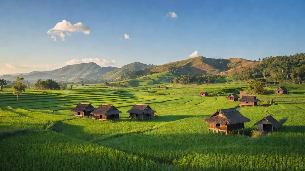 Khung cảnh thiên nhiên xã Ia Pia, huyện Chư Prông, tỉnh Gia Lai với cánh đồng và núi xanh.