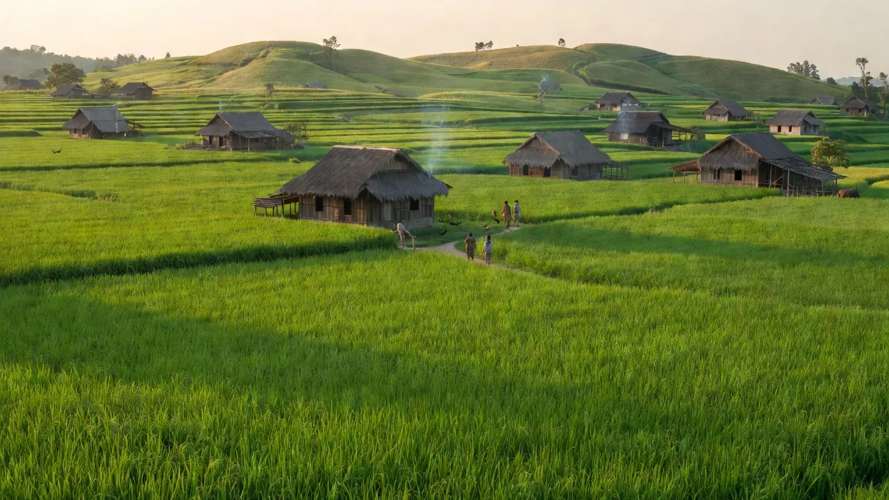 Cảnh đẹp ở xã Ia Púch, huyện Chư Prông, tỉnh Gia Lai với đồng xanh và nhà cửa truyền thống.