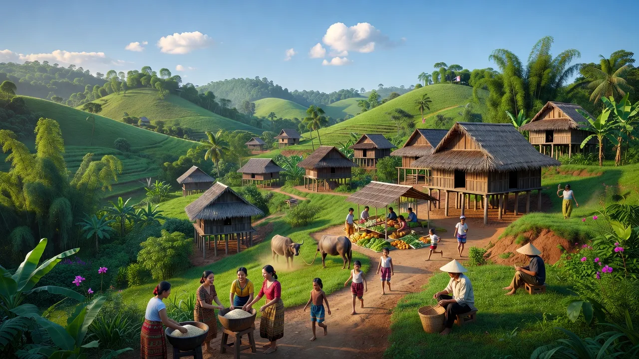 Khung cảnh xã Ia Púch, huyện Chư Prông, tỉnh Gia Lai với những ngôi nhà truyền thống và thiên nhiên tươi đẹp.