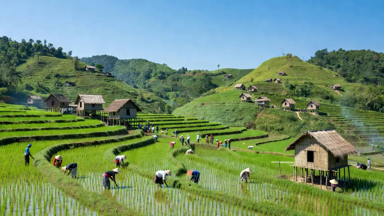 Khung cảnh Xã Ia Vê, huyện Chư Prông, tỉnh Gia Lai với đồi xanh và nhà sàn truyền thống.