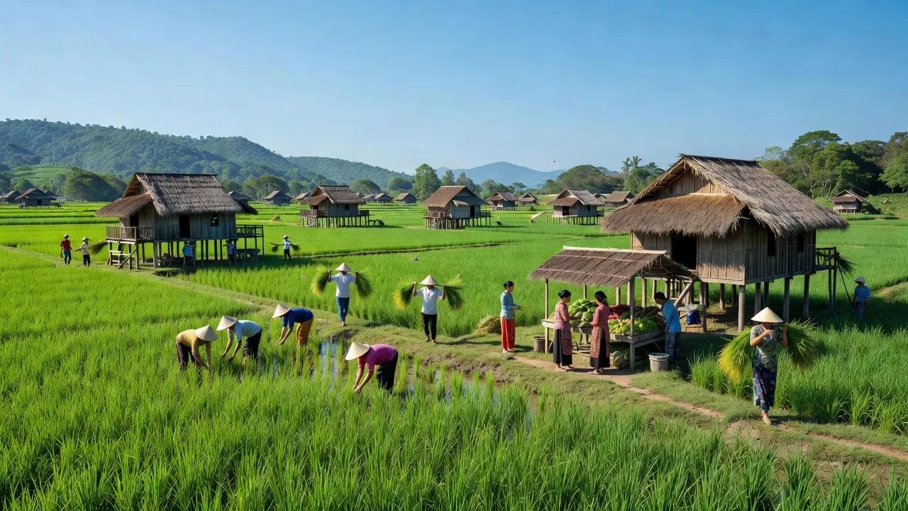 Bức tranh cảnh sắc xã Thăng Hưng, huyện Chư Prông, tỉnh Gia Lai với cánh đồng xanh mướt.
