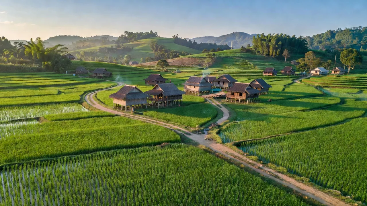 Cảnh đẹp huyện Chư Pưh, Gia Lai với cánh đồng xanh và nhà truyền thống Việt Nam.