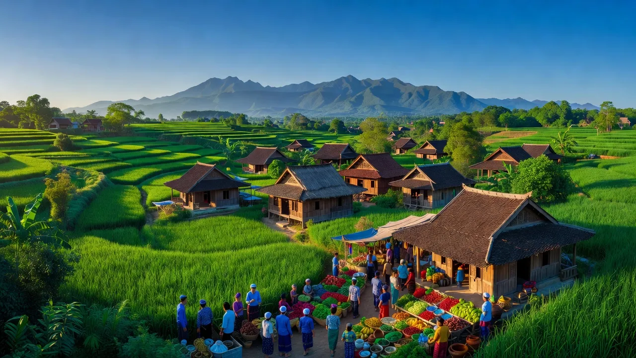 Quang cảnh huyện Chư Pưh tỉnh Gia Lai, nhà gỗ truyền thống, thị trường tươi vui, cảnh quan thiên nhiên xanh tươi.