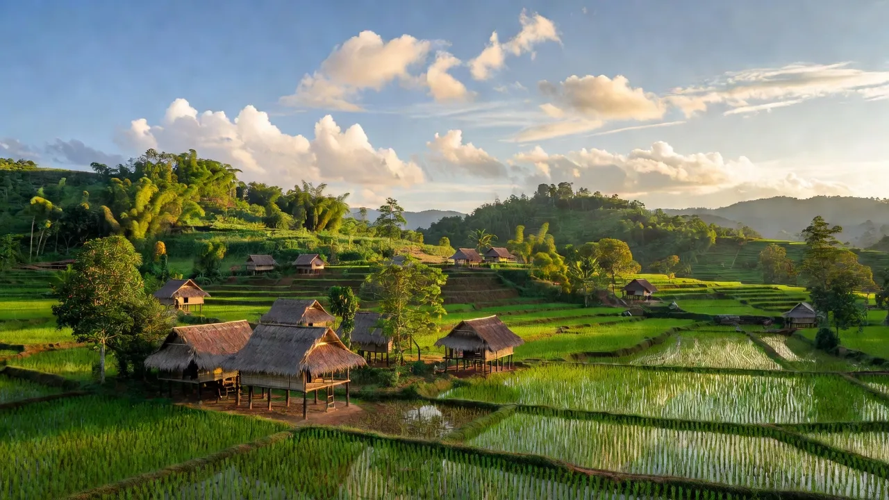 Cảnh đẹp xã Chư Don, huyện Chư Pưh, tỉnh Gia Lai với nhà truyền thống và cánh đồng xanh.