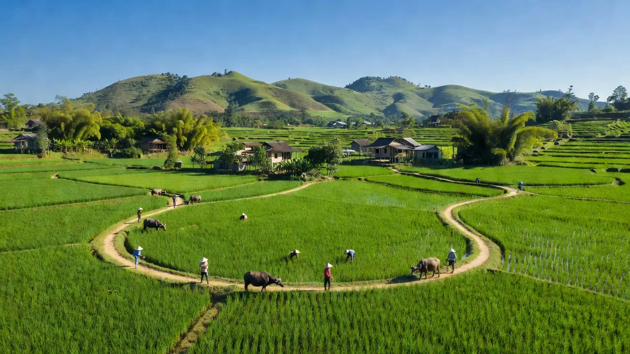 Khung cảnh Xã Chư Don, huyện Chư Pưh, tỉnh Gia Lai, với cánh đồng và cuộc sống địa phương.