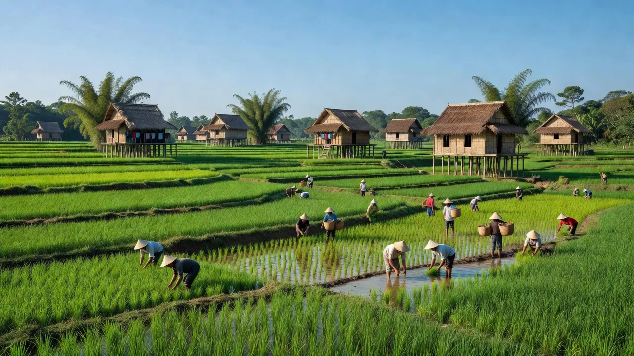 Cảnh quan xanh tươi đẹp của Xã Ia Blứ, huyện Chư Pưh, tỉnh Gia Lai với đồng ruộng và nhà sàn.