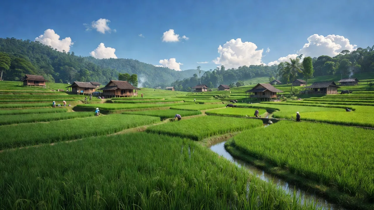 Cảnh đẹp Xã Ia Dreng, Huyện Chư Pưh, tỉnh Gia Lai với ruộng xanh và trời trong, khí hậu nhiệt đới.
