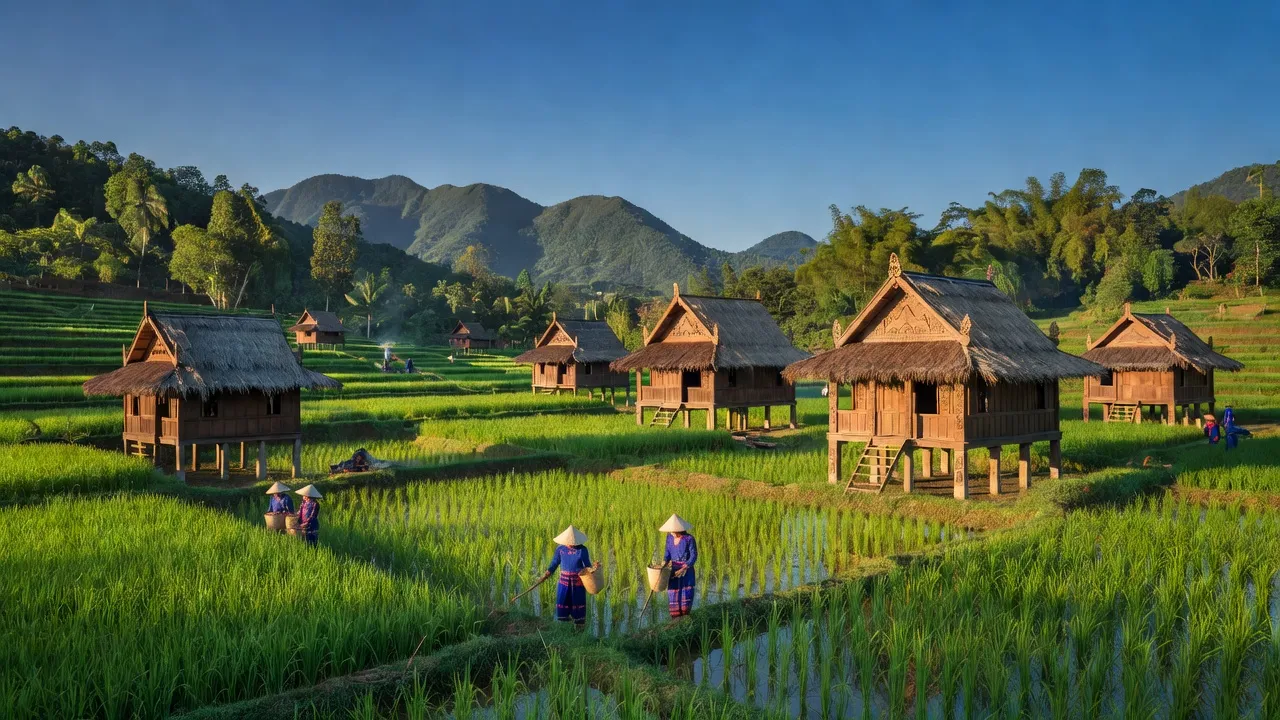 Cảnh quan Xã Ia Hla, Gia Lai với ruộng lúa xanh tươi và nhà gỗ truyền thống.