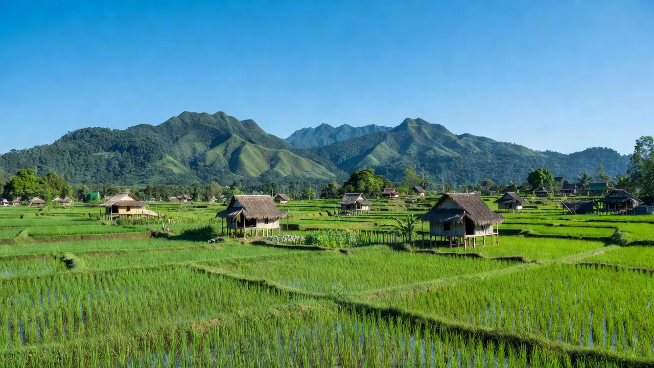 Cảnh đẹp xã Ia Le huyện Chư Pưh tỉnh Gia Lai với cánh đồng xanh mướt và núi xa.