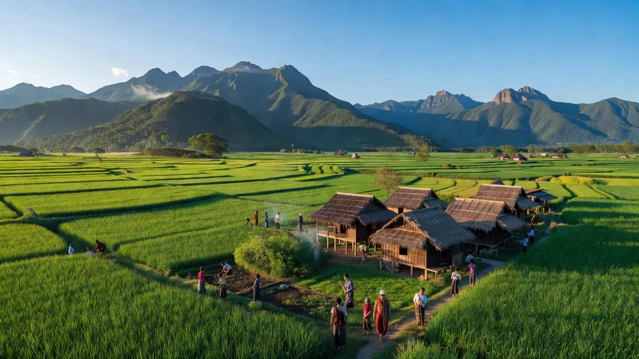 Cảnh đẹp xã Ia Le, huyện Chư Pưh, tỉnh Gia Lai với cánh đồng xanh và núi non.