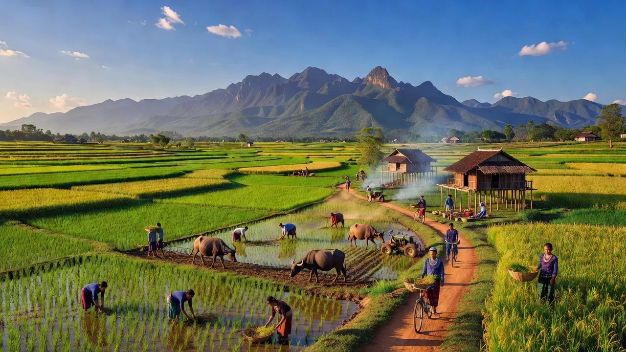 Cảnh quan xã Ia Phang, huyện Chư Pưh, tỉnh Gia Lai với cánh đồng xanh và núi non hùng vĩ.