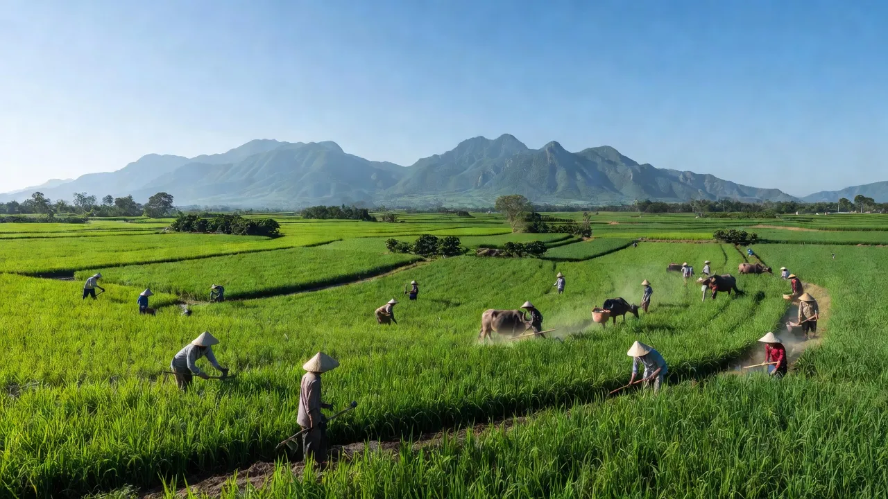 Cảnh đẹp xã Ia Rong, huyện Chư Pưh, tỉnh Gia Lai với cánh đồng và núi non.