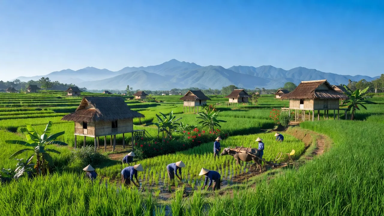 Cảnh quan Xã Ia Rong, Huyện Chư Pưh, tỉnh Gia Lai với cánh đồng xanh và nhà truyền thống.