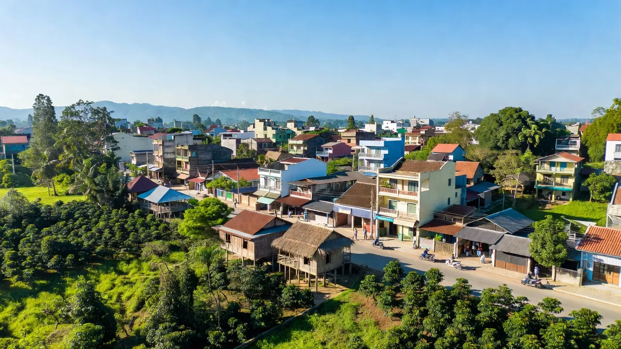 Khung cảnh thị trấn Nhơn Hoà huyện Chư Pưh, Gia Lai với kiến trúc và thiên nhiên xanh mát.