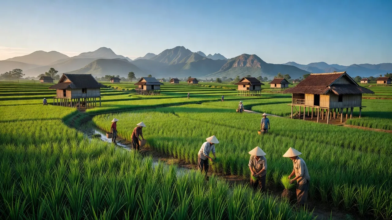 Khung cảnh xã Al Bá huyện Chư Sê, Gia Lai với ruộng xanh, núi xa và bầu trời trong.