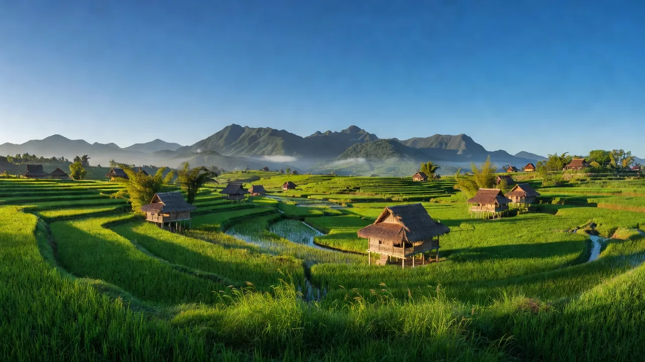 Khung cảnh tuyệt đẹp của Xã Ayun, Huyện Chư Sê, Tỉnh Gia Lai với cánh đồng xanh và nhà sàn.