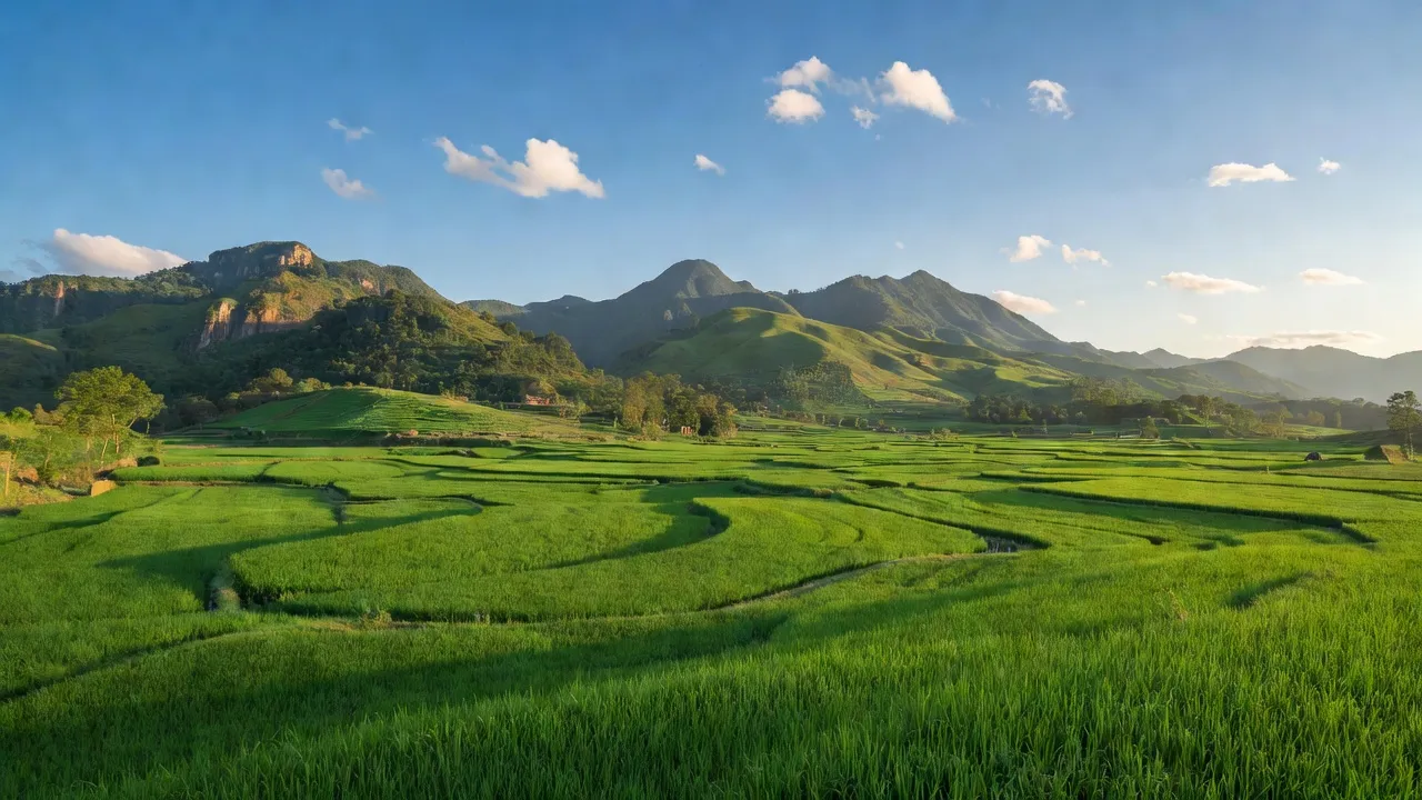 Phong cảnh xã Ayun, huyện Chư Sê, tỉnh Gia Lai với cánh đồng xanh và núi đồi hùng vĩ.