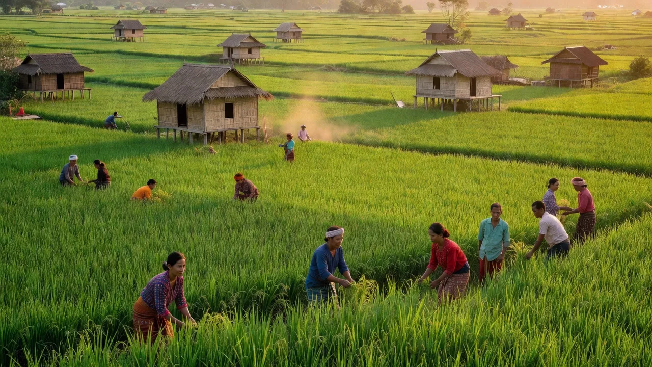 Cảnh quan nông thôn xã Bar Măih, huyện Chư Sê, tỉnh Gia Lai, với cánh đồng và nhà sàn truyền thống.