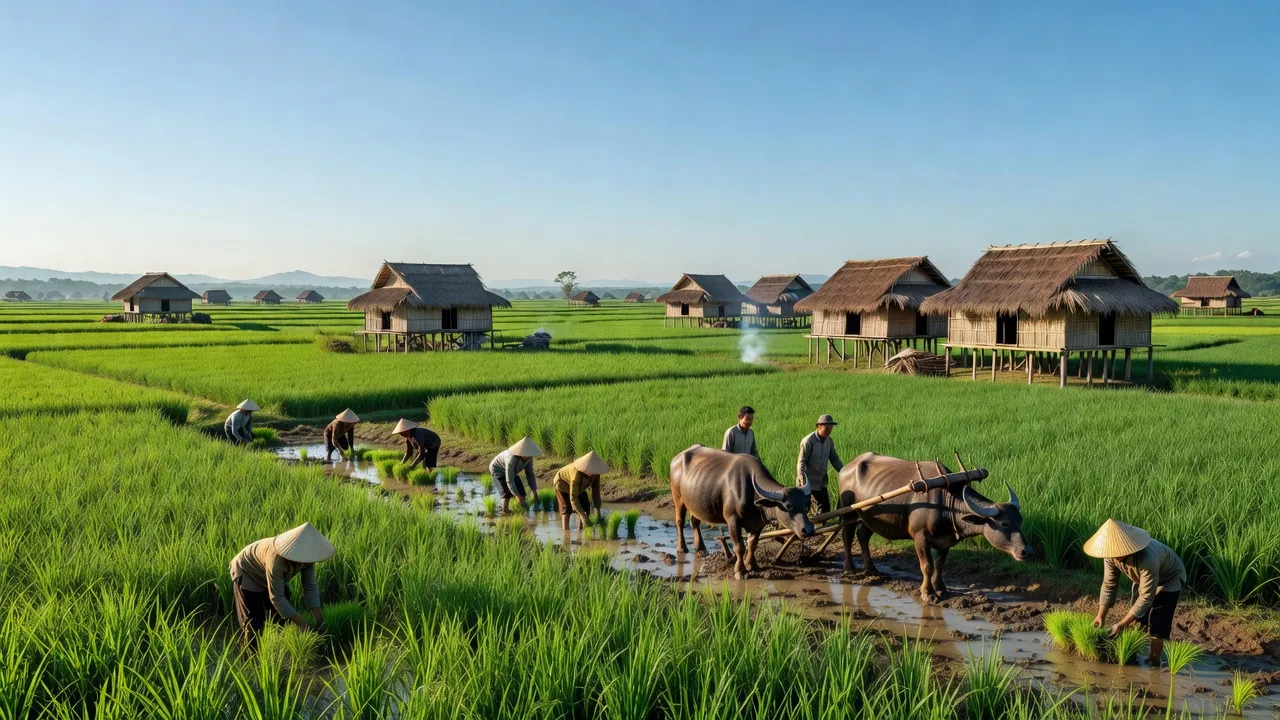 Khung cảnh xã Bar Măih, huyện Chư Sê, Gia Lai với cánh đồng xanh mướt và nhà truyền thống.