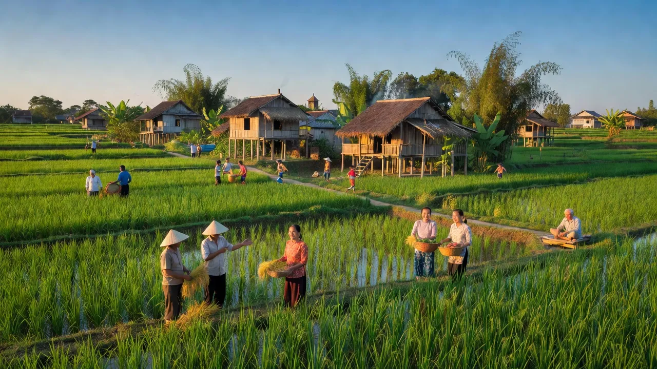 Cảnh sắc Xã Bờ Ngoong, huyện Chư Sê, tỉnh Gia Lai với ruộng đồng xanh tươi và nhà truyền thống.