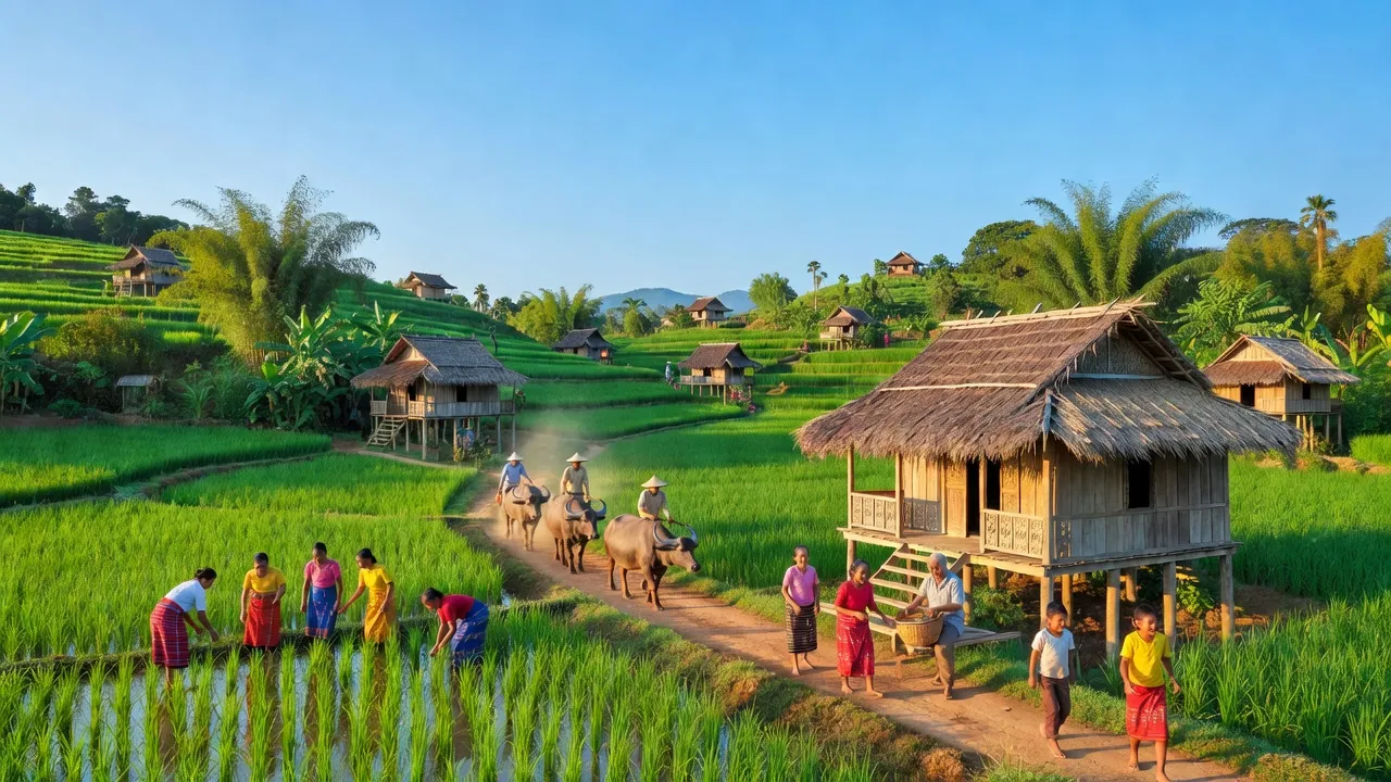 Khung cảnh xã Bờ Ngoong, huyện Chư Sê, tỉnh Gia Lai với thiên nhiên xanh mát và đời sống cộng đồng.